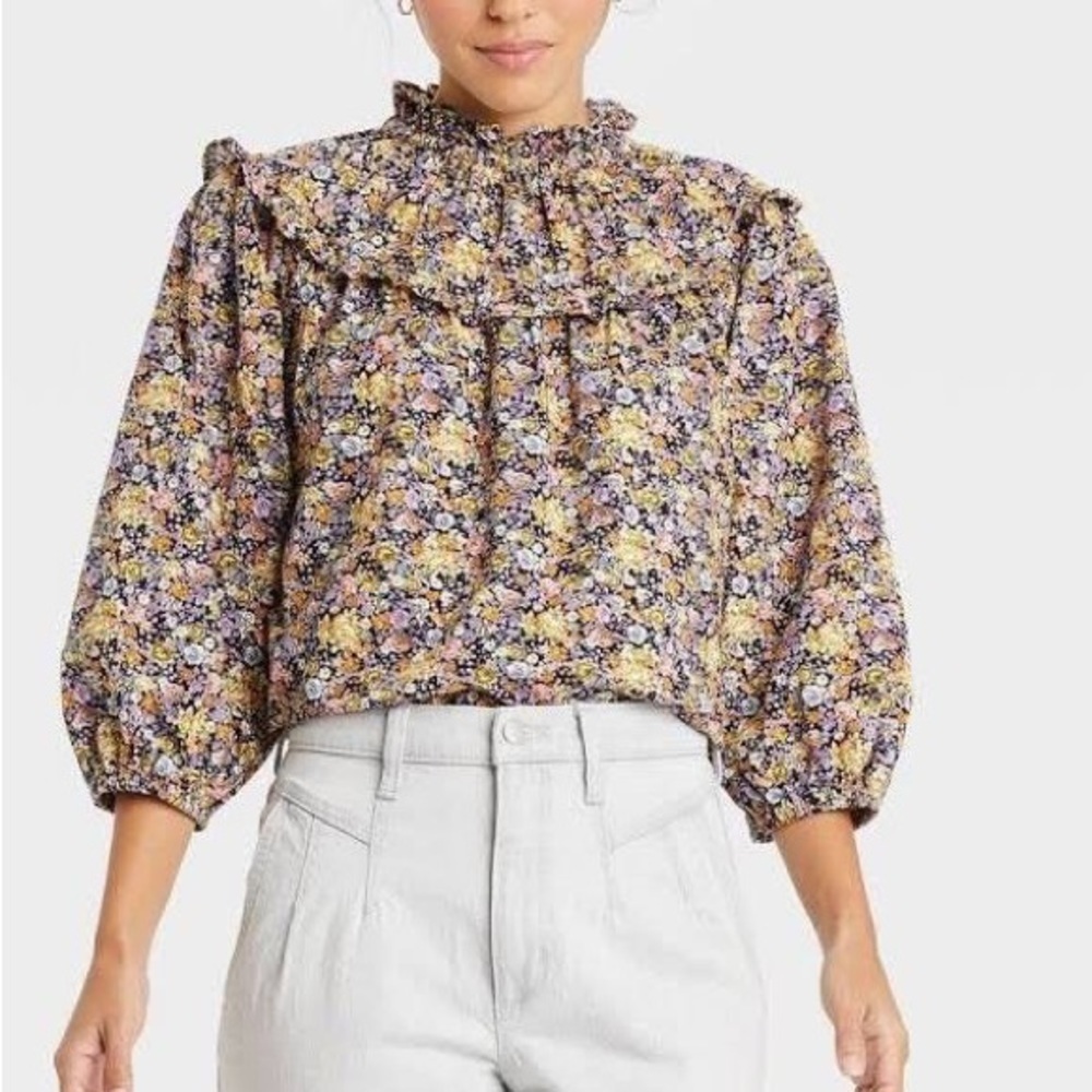 Ballon 3/4 sleeves Cottagecore, floral ruffle Statement blouse Prairie cotton